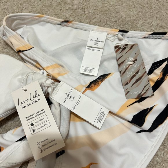 Cupshe x Stassie Two Piece Swimsuit Size Small Marble Print White Black Yellow - Picture 9 of 9